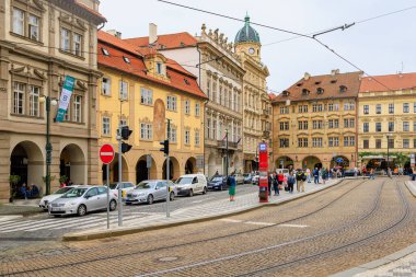 August 23, 2022 Prague, Czech Republic. Street of the tourist part of the city with tram tracks. Background with selective focus and copy space for text