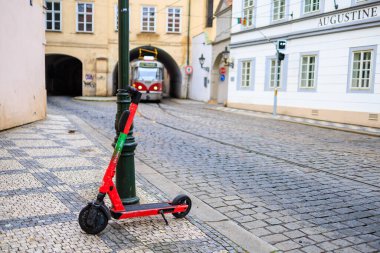 August 24, 2022 Prague, Czech Republic. Rental scooter. Background with selective focus and copy space for text