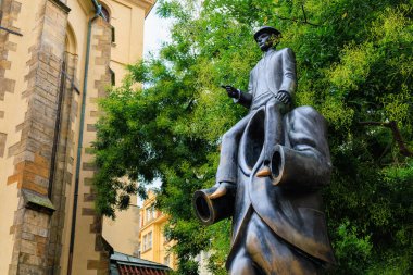 Monument to Franz Kafka, sculptor Yaroslav Rona. German-speaking Bohemian writer, a key figure in the literature of the early 20th century. August 25, 2022 Prague, Czech Republic.