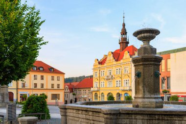 August 25, 2022 Votice Czech Republic. Fountain in a cozy European town. Background with selective focus and copy space
