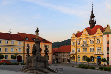 August 25, 2022 Votice Czech Republic. The central square of a small cozy European city with classical architecture after sunset. Background with selective focus and copy space