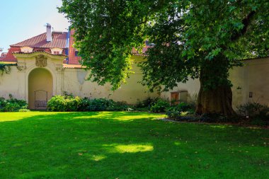 August 27, 2022 Prague, Czech Republic. Cozy yard. Background with copy space for text.