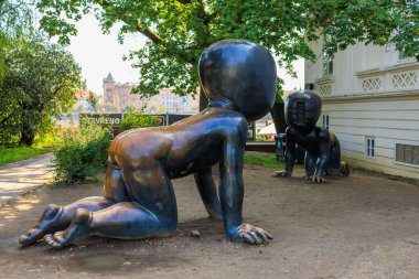 Sculpture crawling babies. Top city attractions. Modern Art. August 24, 2022 Prague Czech Republic.