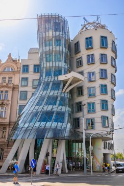August 26, 2022 Prague, Czech Republic. Dancing House. Famous and popular place among tourists. City landmark of Prague. Travel background
