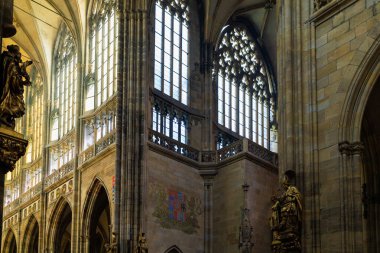 August 22, 2022 Prague, Czech Republic. Interior inside Gothic Catholic Cathedral of St. Vitus, Wenceslas and Vojtech in Prague Castle. Background with copy space for text.