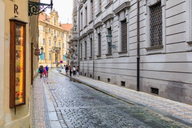 August 24, 2022 Prague, Czech Republic. Narrow cozy streets with classical architecture. Background with selective focus and copy space for text