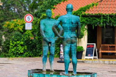 August 25, 2022 Prague, Czech Republic. The famous fountain, the main attraction of Prague next to the Franz Kafka Museum. Background with selective focus and copy space