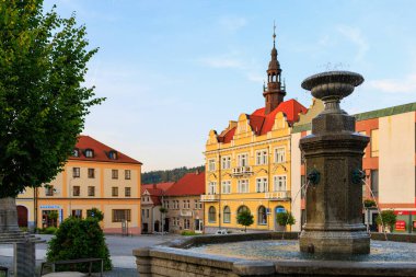 August 25, 2022 Votice Czech Republic. Fountain in a cozy European town. Background with selective focus and copy space