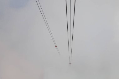 View from inside the cabin on the cable car when climbing Mount Tahtali in the Western Taurus mountain system. Illustrative editorial. August 9, 2022 mountain near Kemer, Antalya province, Turkey