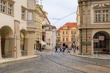 August 23, 2022 Prague, Czech Republic. Street of the tourist part of the city with tram tracks. Background with selective focus and copy space for text