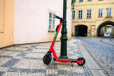 August 24, 2022 Prague, Czech Republic. Rental scooter. Background with selective focus and copy space for text