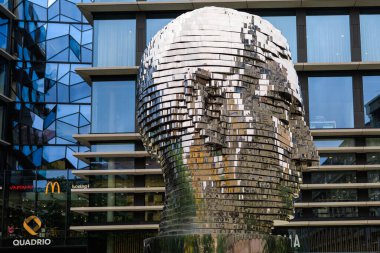 August 25, 2022 Prague, Czech Republic. Rotating Head, head sculpture of the German-speaking writer Franz Kafka. Background with copy space for text.