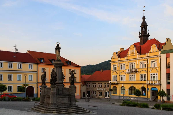 August 25, 2022 Votice Czech Republic. The central square of a small cozy European city with classical architecture after sunset. Background with selective focus and copy space