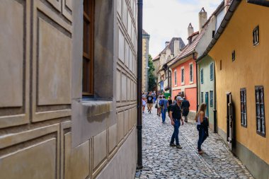 August 22, 2022 Prague, Czech Republic. Narrow cozy streets with classical architecture. Background with selective focus and copy space for text