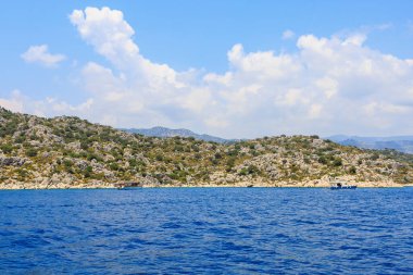 August 10, 2022 Demre, Antalya province, Turkey. Yachts off the Mediterranean coast. Background with copy space for text