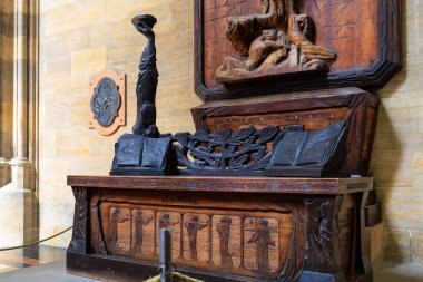 August 22, 2022 Prague, Czech Republic. Interior inside Gothic Catholic Cathedral of St. Vitus, Wenceslas and Vojtech in Prague Castle. Background with copy space for text.