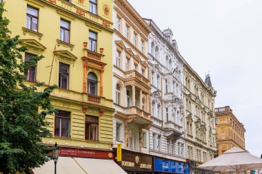 August 24, 2022 Prague, Czech Republic. Houses of old classical European architecture. Background with copy space for text.