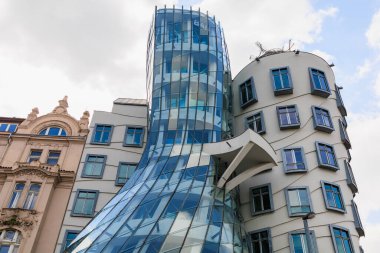 August 26, 2022 Prague, Czech Republic. Dancing House. Famous and popular place among tourists. City landmark of Prague. Travel background