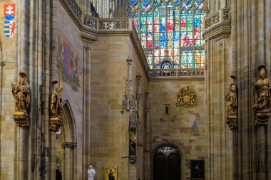 August 22, 2022 Prague, Czech Republic. Interior inside Gothic Catholic Cathedral of St. Vitus, Wenceslas and Vojtech in Prague Castle. Background with copy space for text.