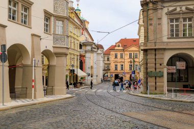 August 23, 2022 Prague, Czech Republic. Street of the tourist part of the city with tram tracks. Background with selective focus and copy space for text