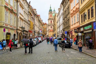 August 24, 2022 Prague, Czech Republic. Narrow cozy streets with classical architecture. Background with selective focus and copy space for text