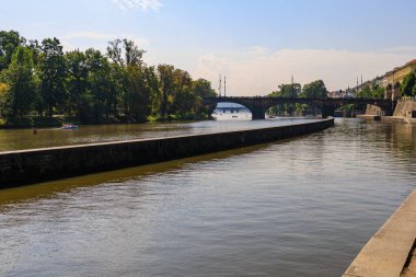 August 27, 2022 Prague, Czech Republic. Vltava river. Background with selective focus and copy space for text