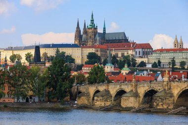 August 27, 2022 Prague, Czech Republic. Pedestrian Charles Bridge. Background with copy space for text.