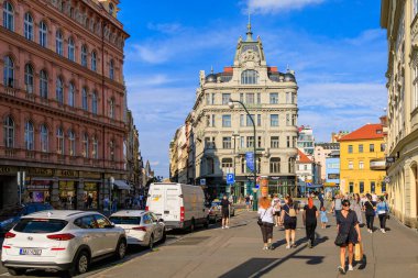 August 22, 2022 Prague, Czech Republic. Street view of the old city of Prague. Background with copy space for text.
