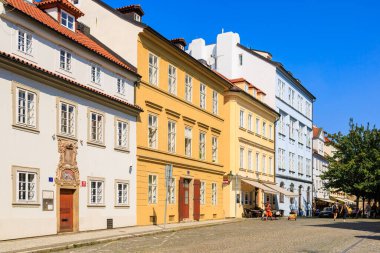 August 27, 2022 Prague, Czech Republic. Narrow cozy streets with classical architecture. Background with selective focus and copy space for text