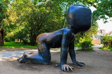 Sculpture crawling babies. Top city attractions. Modern Art. August 24, 2022 Prague Czech Republic.