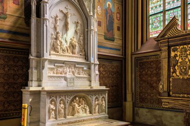 August 22, 2022 Prague, Czech Republic. Interior inside Gothic Catholic Cathedral of St. Vitus, Wenceslas and Vojtech in Prague Castle. Background with copy space for text.