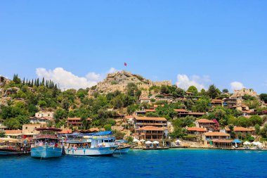 Rocky Turkish coast, a popular tourist route to the island of Kekova. August 10, 2022 Demre Turkey.