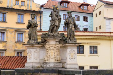 August 24, 2022 Prague, Czech Republic. Antique sculptures on the Charles Bridge. Background with copy space