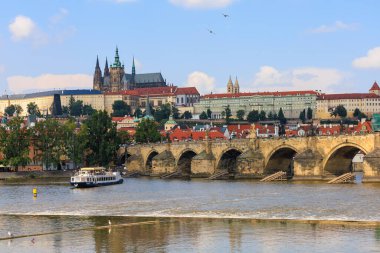 August 27, 2022 Prague, Czech Republic. Pleasure boat on the Vltava river. Background with selective focus and copy space for text