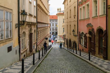 August 22, 2022 Prague, Czech Republic. Narrow cozy streets with classical architecture. Background with selective focus and copy space for text