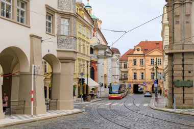 City passenger tram. Eco-friendly electric public transport. August 23, 2022 Prague Czech Republic.