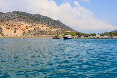 August 10, 2022 Demre, Antalya province, Turkey. Yachts off the Mediterranean coast. Background with copy space for text