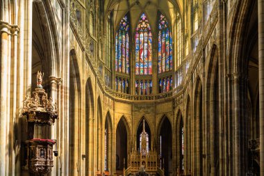 August 22, 2022 Prague, Czech Republic. Interior inside Gothic Catholic Cathedral of St. Vitus, Wenceslas and Vojtech in Prague Castle. Background with copy space for text.
