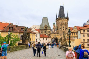 August 24, 2022 Prague, Czech Republic. Pedestrian Charles Bridge. Background with copy space for text.