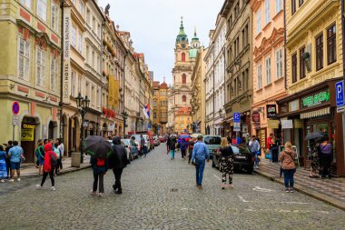 August 24, 2022 Prague, Czech Republic. Narrow cozy streets with classical architecture. Background with selective focus and copy space for text