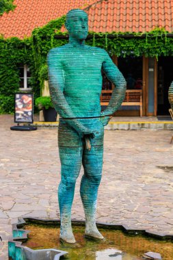 August 25, 2022 Prague, Czech Republic. The famous fountain, the main attraction of Prague next to the Franz Kafka Museum. Background with selective focus and copy space
