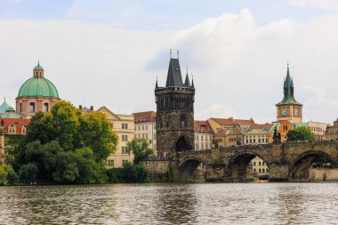 August 25, 2022 Prague, Czech Republic. Pedestrian Charles Bridge. Background with copy space for text.