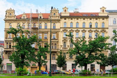 August 28, 2022 Prague, Czech Republic. Houses of old classical European architecture. Background with copy space for text.