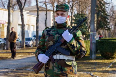 February 15, 2022 Balti Moldova. Guard of honor at the monument to the soldiers of the internationalists who died in Afghanistan. News editorial background