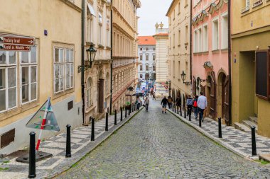 August 23, 2022 Prague, Czech Republic. Street view of the old city of Prague. Background with copy space for text.