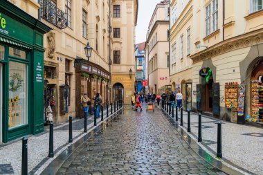 August 24, 2022 Prague, Czech Republic. Narrow cozy streets with classical architecture. Background with selective focus and copy space for text