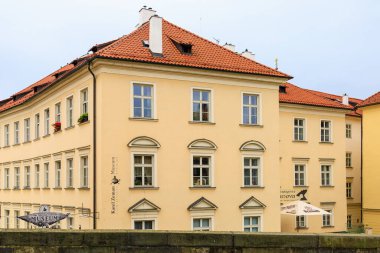 August 24, 2022 Prague, Czech Republic. Houses of old classical European architecture. Background with copy space for text.
