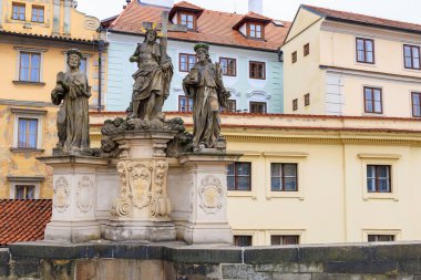 August 24, 2022 Prague, Czech Republic. Antique sculptures on the Charles Bridge. Background with copy space