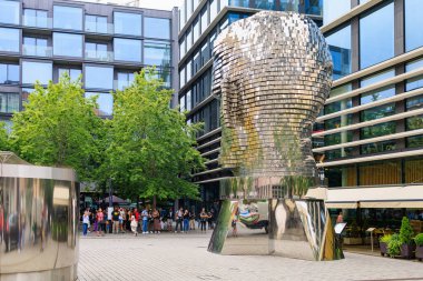 August 25, 2022 Prague, Czech Republic. Rotating Head, head sculpture of the German-speaking writer Franz Kafka. Background with copy space for text.