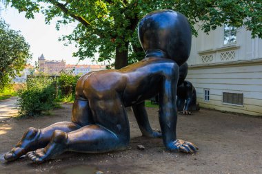 Sculpture crawling babies. Top city attractions. Modern Art. August 24, 2022 Prague Czech Republic.